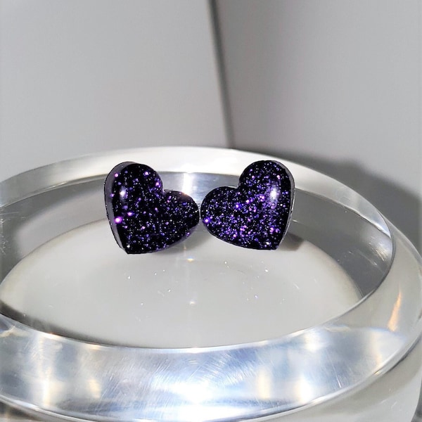 Purple Heart Stud Earrings, Glitter Resin Heart Jewelry, Wife Gift Earrings, Romantic Purple Resin Hearts Jewelry, Girlfriend Gift Studs