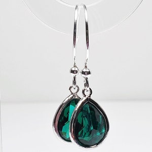 CLEARANCE - Emerald Faceted Glass Earrings, May Birthstone, Sterling Silver Green Glass Dangles, Elegant Gift for Her, Emerald Jewelry