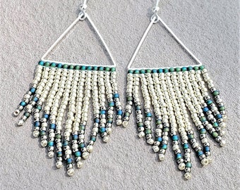 Emerald and Nickel Fringe Earrings, Triangle Beadwoven Seed Bead Earrings, Beadwork Boho Fringe Earrings, Sister Birthday Gift