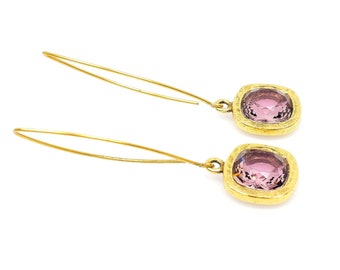 Antique Pink Crystal Earrings, Cushion Cut Square Fine Crystal Earrings For Women, Long Boho Bridal Earrings, Crystal Drop Dangle Earrings