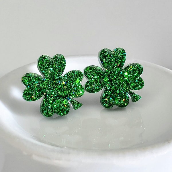 Shamrock Stud Earrings, St. Patrick's Day Sparkling Glitter Resin Studs, Four-Leaf Clover Earrings, Good Luck Jewelry, Lucky Irish Holiday