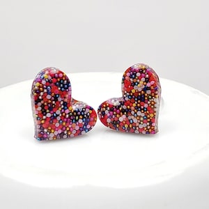 Colorful Micro Bead Stud Earrings | Stainless Steel Post Resin Heart Studs | Romantic Heart Jewelry | Valentine's Day Gift For Wife |