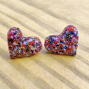 Colorful Micro Bead Stud Earrings | Stainless Steel Post Resin Heart Studs | Romantic Heart Jewelry | Valentine's Day Gift For Wife |