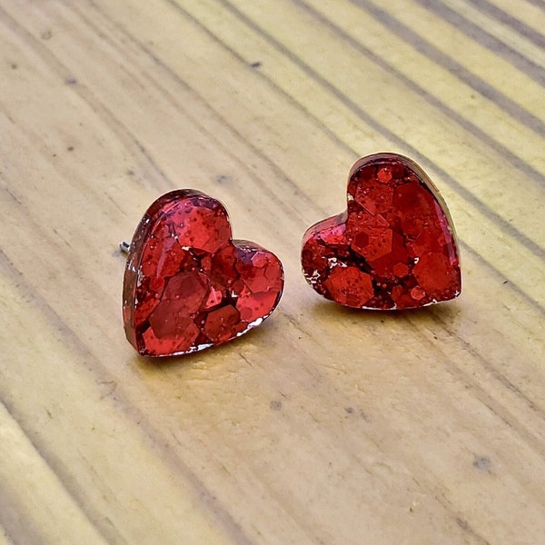 Red Glitter Hearts Stud Earrings, 316 Surgical Steel, Glitter Resin Jewelry, Wife Valentine's Day Romantic Jewelry Gift, Heart Jewelry