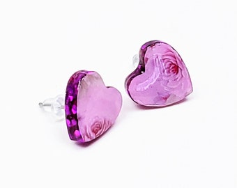 Floral Heart Studs, Stainless Steel Pink Heart Earrings, Epoxy Resin Jewelry, Wife Gift Romantic Heart Jewelry, Girlfriend Gift