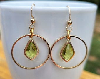 Peridot Teardrop Hoop Earrings, August Birthstone Faceted GLASS Earrings For Women, 14K GOLD FILLED Bridal Earrings, Sister Birthday Gift