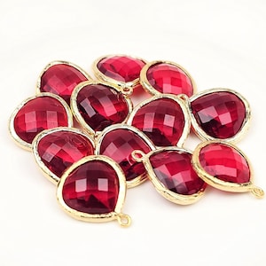 Faceted Glass Pendants, Ruby Red, Gold Frame, 6 Pairs Bulk Lot