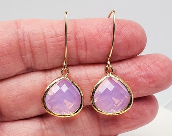 Pink Opal Earrings, October Birthstone Violet Pink Opal FACETED GLASS Earrings, Sister Birthday Gift, Handmade Gold Filled Marquise Earrings