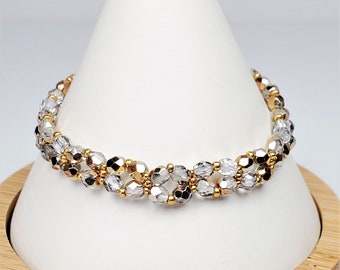 Gold Fire Polish Bracelet, Czech Glass Beadwoven Bracelet, Handmade Beaded Jewelry, Gold Beadwork Jewelry, Wife Gift Bracelet