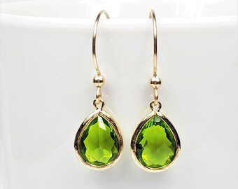 Olivine GLASS Teardrop Earrings, August Birthstone, 14K Gold Filled Faceted GLASS Earrings, Birthday Gift For Her, Green Bridesmaid Earrings