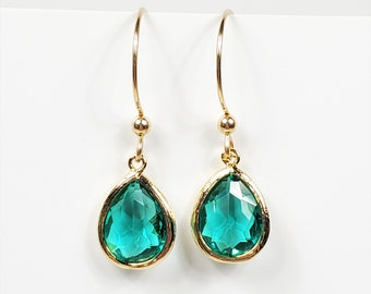 Dark Blue Zircon Gold Filled Earrings, December Birthstone, Blue Green Faceted GLASS Teardrop Earrings For Women, Sister Birthday Gift