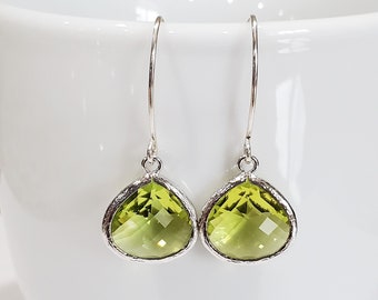 Peridot Earrings, August Birthstone Faceted GLASS Earrings For Women, Sterling Silver Artisan Bridal Earrings, Sister Birthday Gift Earrings