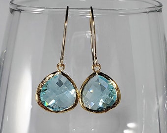 Aquamarine Earrings, March Birthstone Faceted GLASS EARRINGS For Women, Sister Birthday Gift, Artisan Made Gold Filled Bridal Earrings