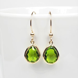 Olivine GLASS Teardrop Earrings, August Birthstone, 14K Gold Filled Faceted GLASS Earrings, Birthday Gift For Her, Green Bridesmaid Earrings