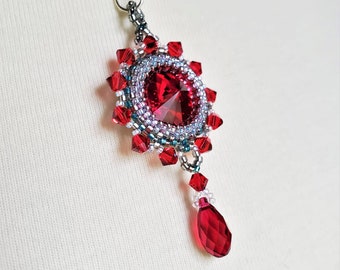 Ruby Crystal Beadwoven Necklace,  July Birthstone Beaded Pendant, Necklaces Women, Sister Birthday Gift, Beadwork