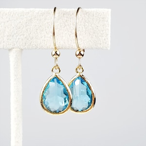 Aquamarine GLASS Earrings, March Birthstone Faceted GLASS Gold Filled Teardrop Dangle Earrings, Bridal Jewelry, March Birthday Gift For Her