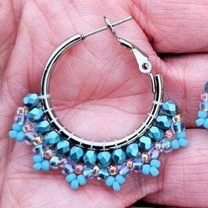 Hand-Beaded Hoop Earrings &gt;&gt; Seafoam Blue & Teal, Stainless Steel Hoops, Boho Beach Jewelry, Czech Glass Beads, Handmade Gift for Her