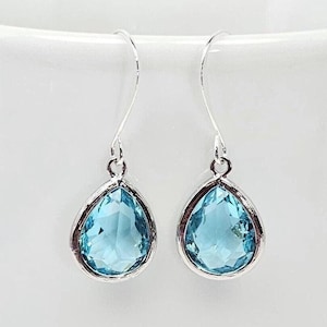 CLEARANCE - Aquamarine Teardrop Faceted Glass Earrings, March Birthstone Gift For Her, Aquamarine Bridal Accessories, Bohemian Style