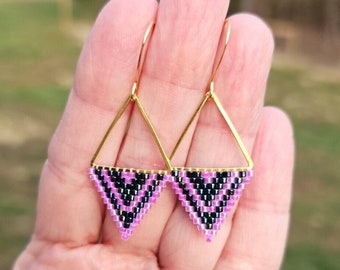 Triangle Beaded Earrings, Dark Blue Purple Brick Stitch Hand Woven Seed Bead Earrings, Sister Birthday Gift, Boho Beadwoven Jewelry