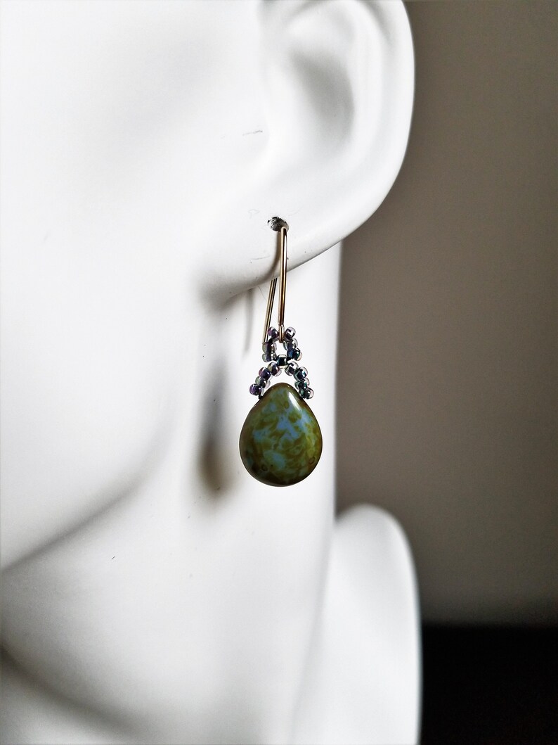 14k Gold Filled Earrings August Birthday Gift Long Green Earrings Handmade Earrings For Women Peridot Glass Teardrop Earrings