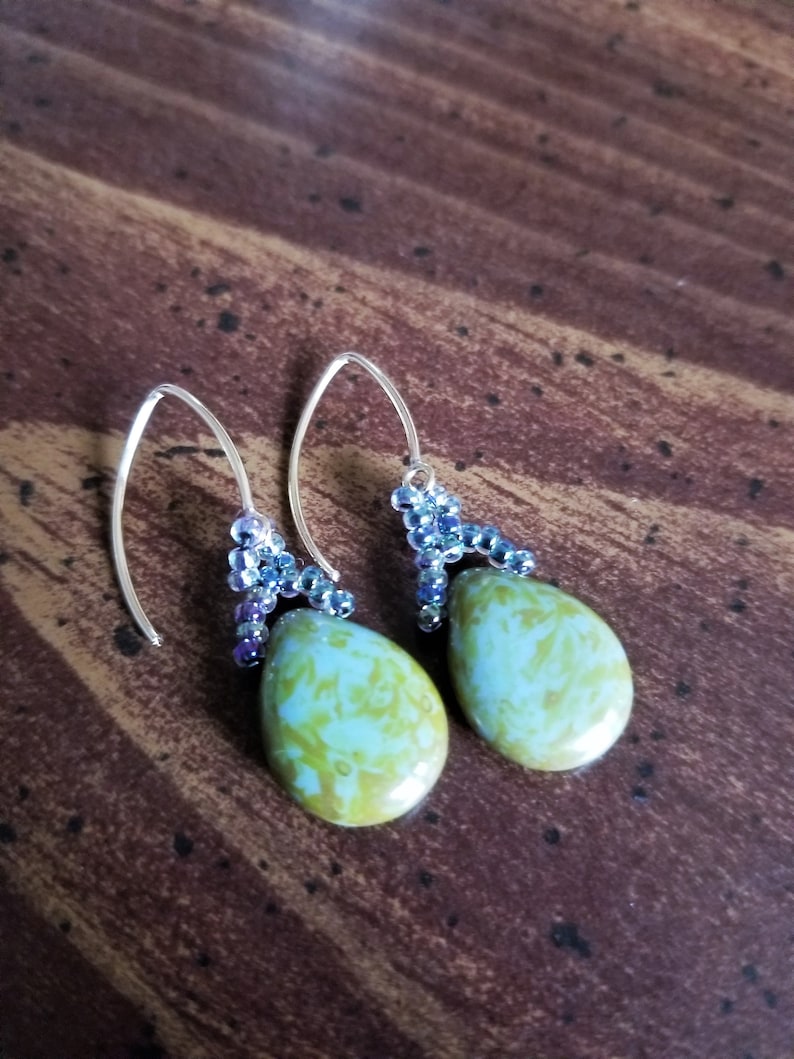 14k Gold Filled Earrings August Birthday Gift Long Green Earrings Handmade Earrings For Women Peridot Glass Teardrop Earrings
