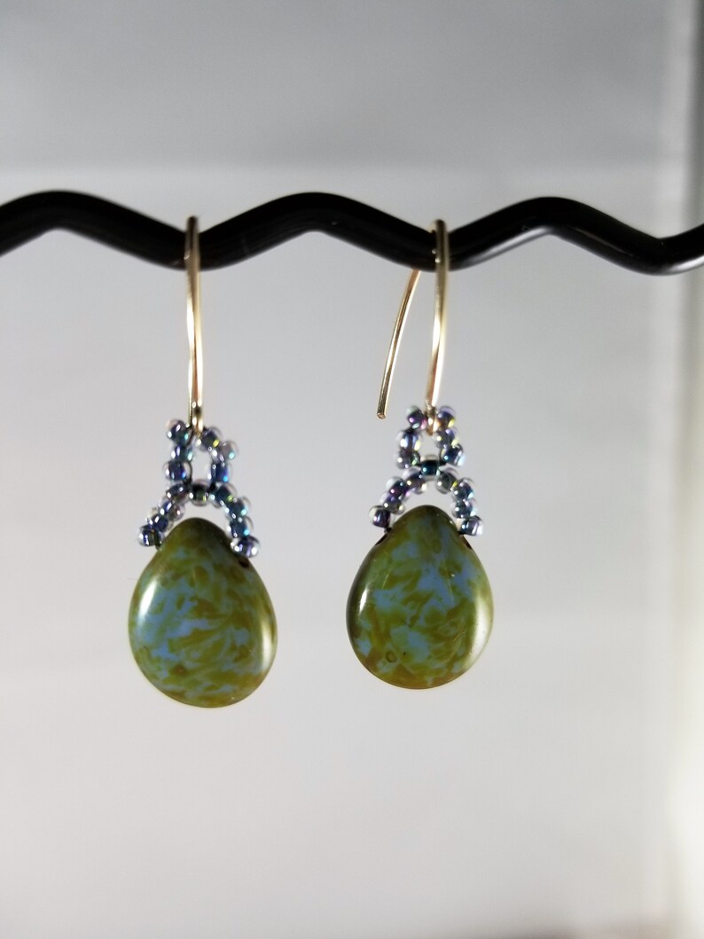 14k Gold Filled Earrings August Birthday Gift Long Green Earrings Handmade Earrings For Women Peridot Glass Teardrop Earrings