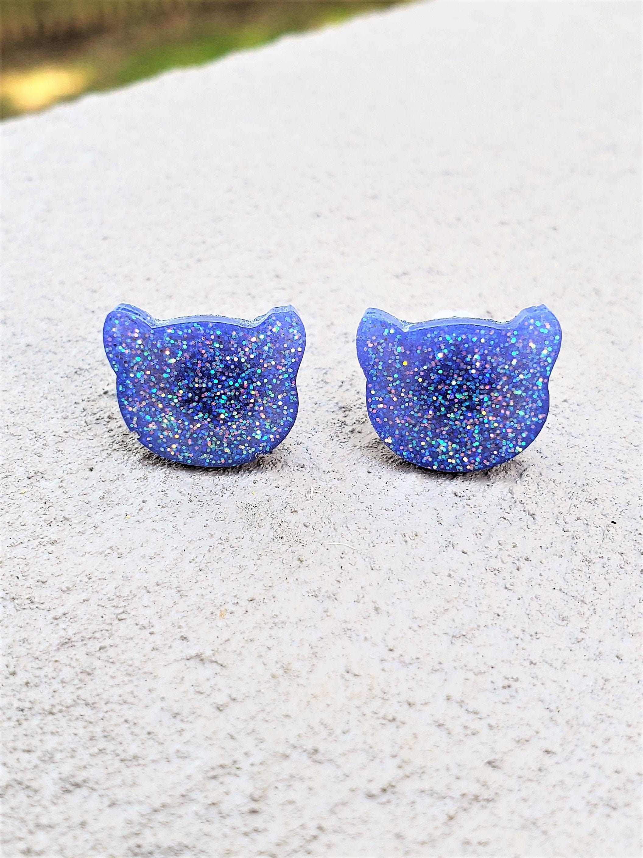Glitter Cat Stud Earrings Purple Cat Earrings Cat Lovers Etsy