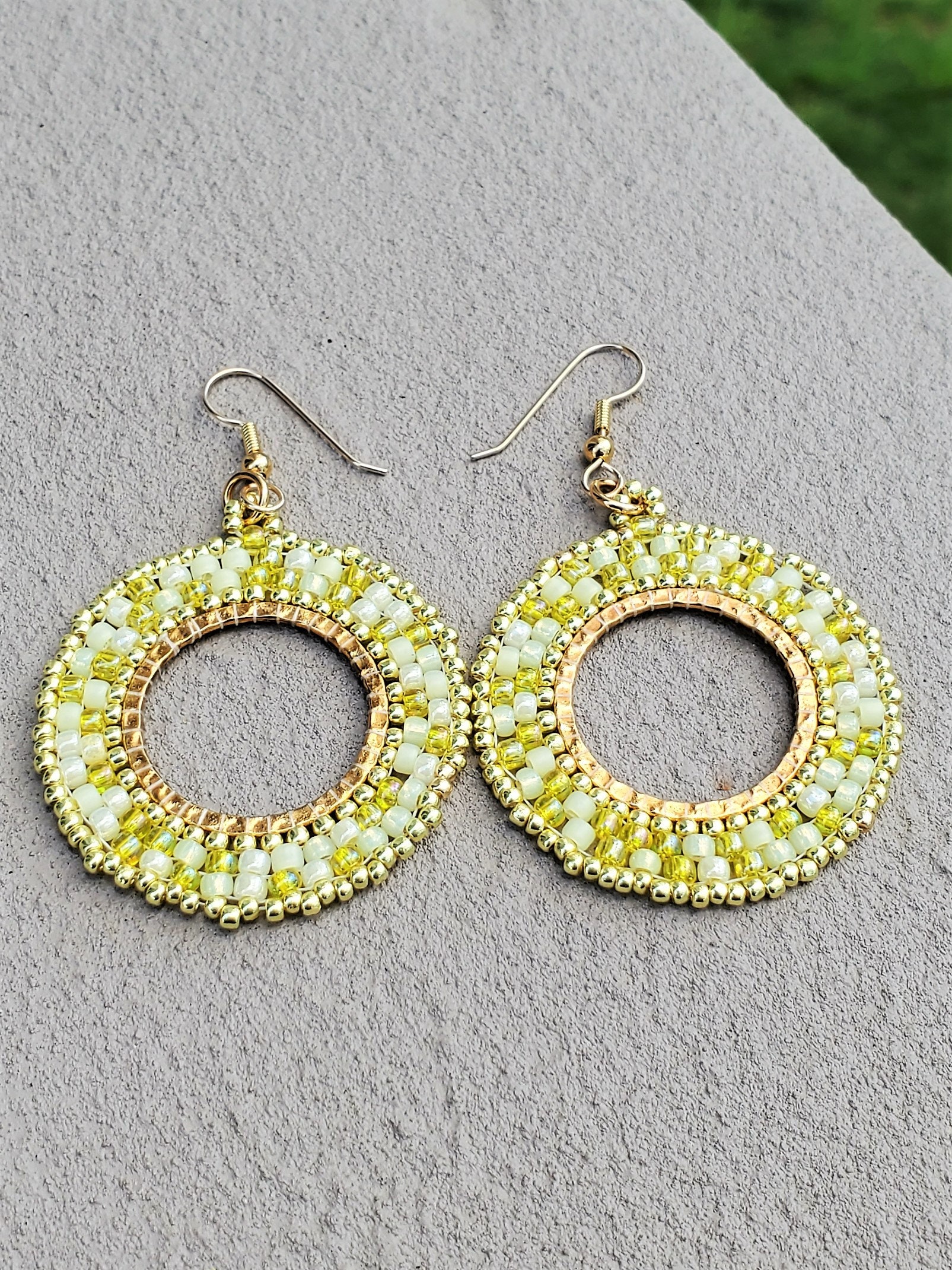 Lemon Beaded Hoop Earrings Gold Filled Beadwork Earrings Etsy