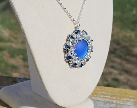 Luminous Blue Beaded Pendant Necklace, Handmade Cabochon Jewelry