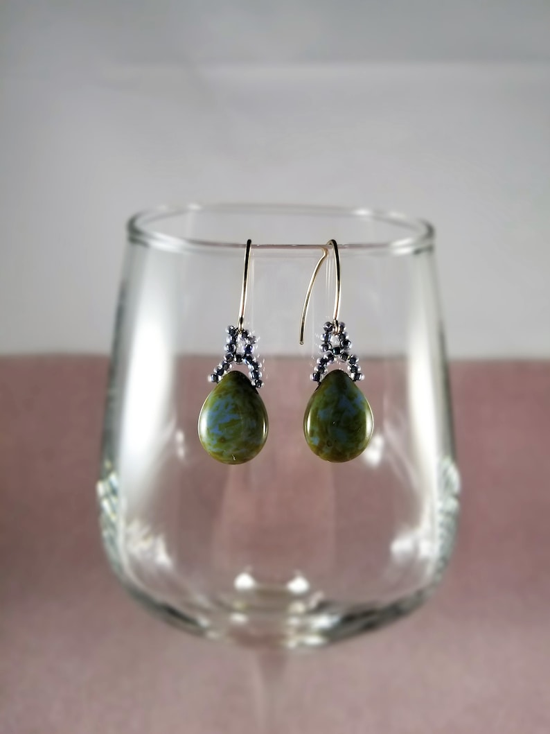 14k Gold Filled Earrings August Birthday Gift Long Green Earrings Handmade Earrings For Women Peridot Glass Teardrop Earrings