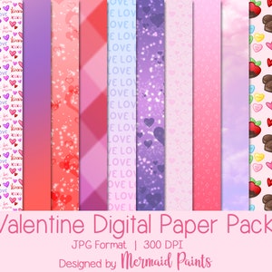 Valentine Paper Pack, 12x12 Scrapbook Paper, 12 Digital Papers, JPG, 300 DPI Digital Download, Personal Use