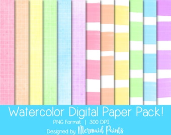 Watercolor Pastels Paper Pack, 12x12 Scrapbook Paper, 12 Digital Papers, JPG, 300 DPI Digital Download, Personal Use