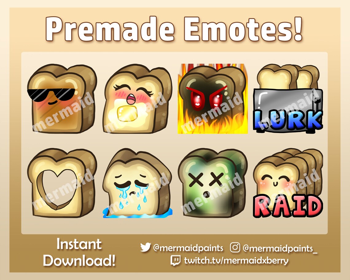 Premade Emote Set Bread and Toast Themed Presized, PNG, Twitch, Discord