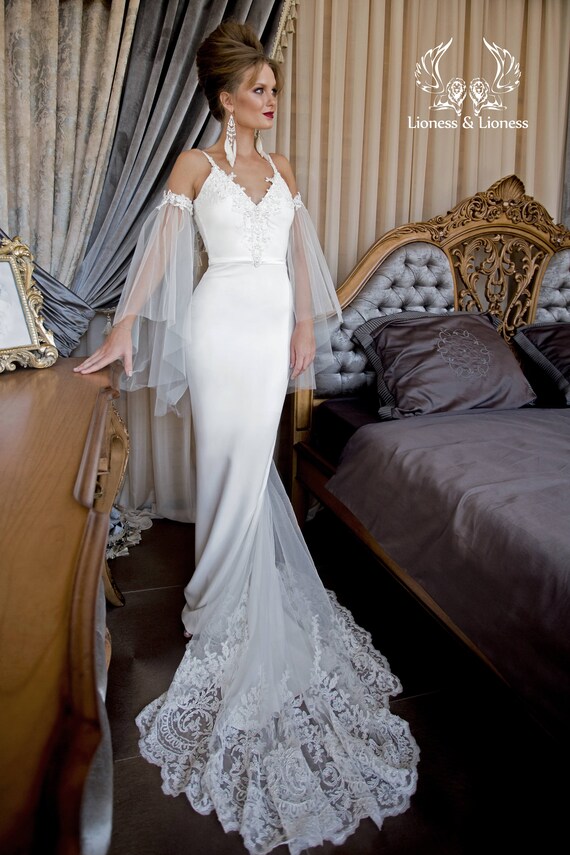 Charming Wedding Dress Removable Sleeves Of Tulle Slinging Etsy