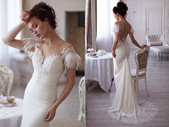 feather lace wedding dress