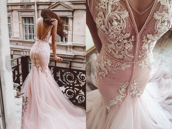 pink lace wedding gown