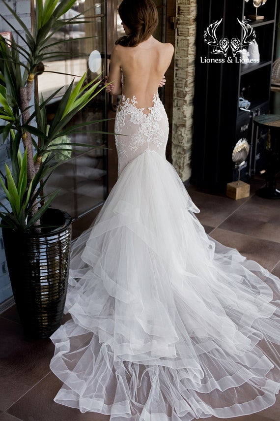 Graceful Skinny Lace Wedding Dress Embroidered Slinky Etsy