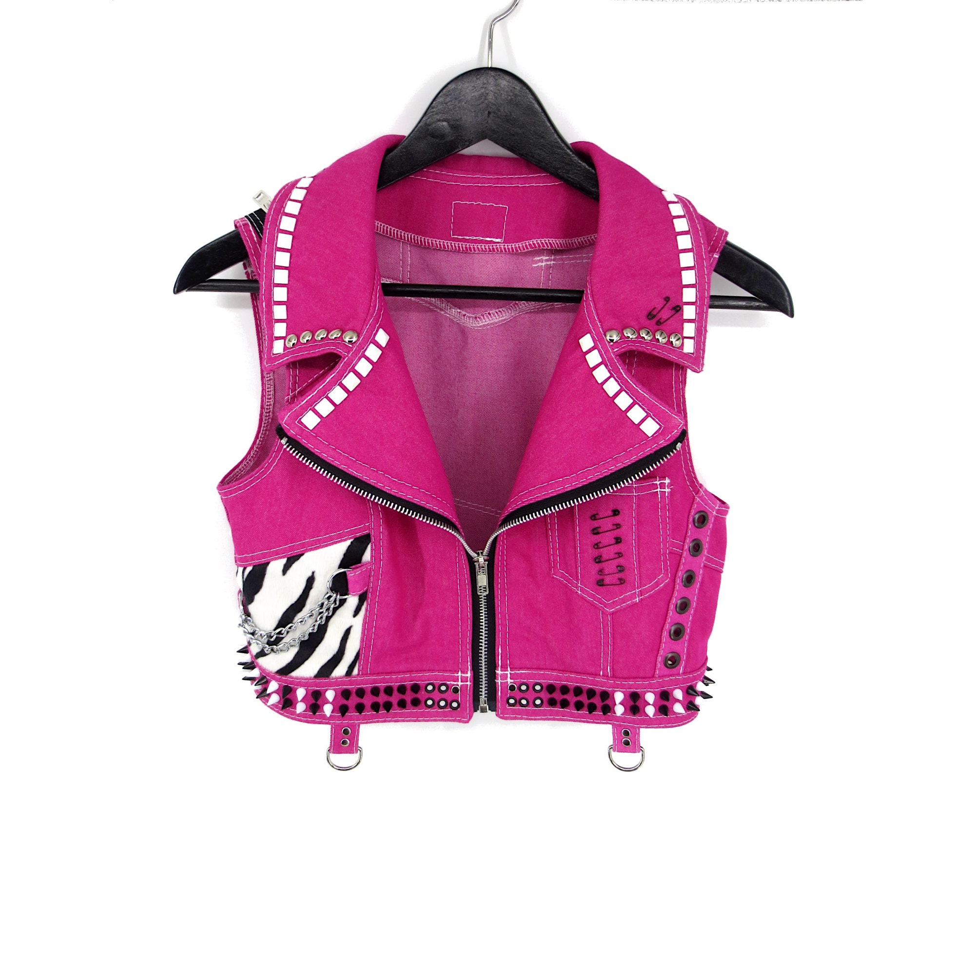 S - Pink Denim Vest With Black and White Details, Handmade, One of a ...