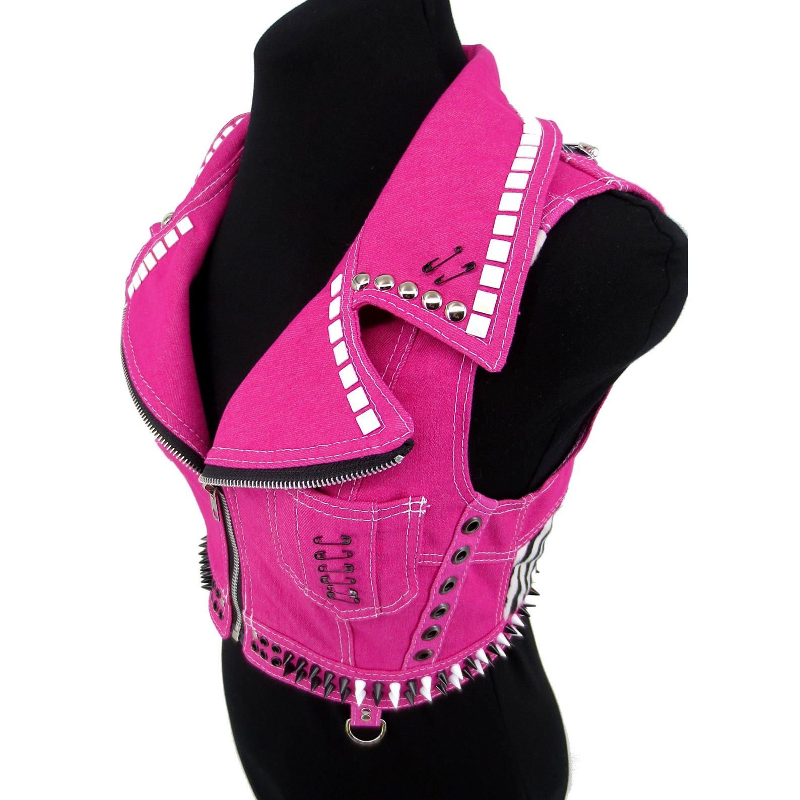 S - Pink Denim Vest With Black and White Details, Handmade, One of a ...