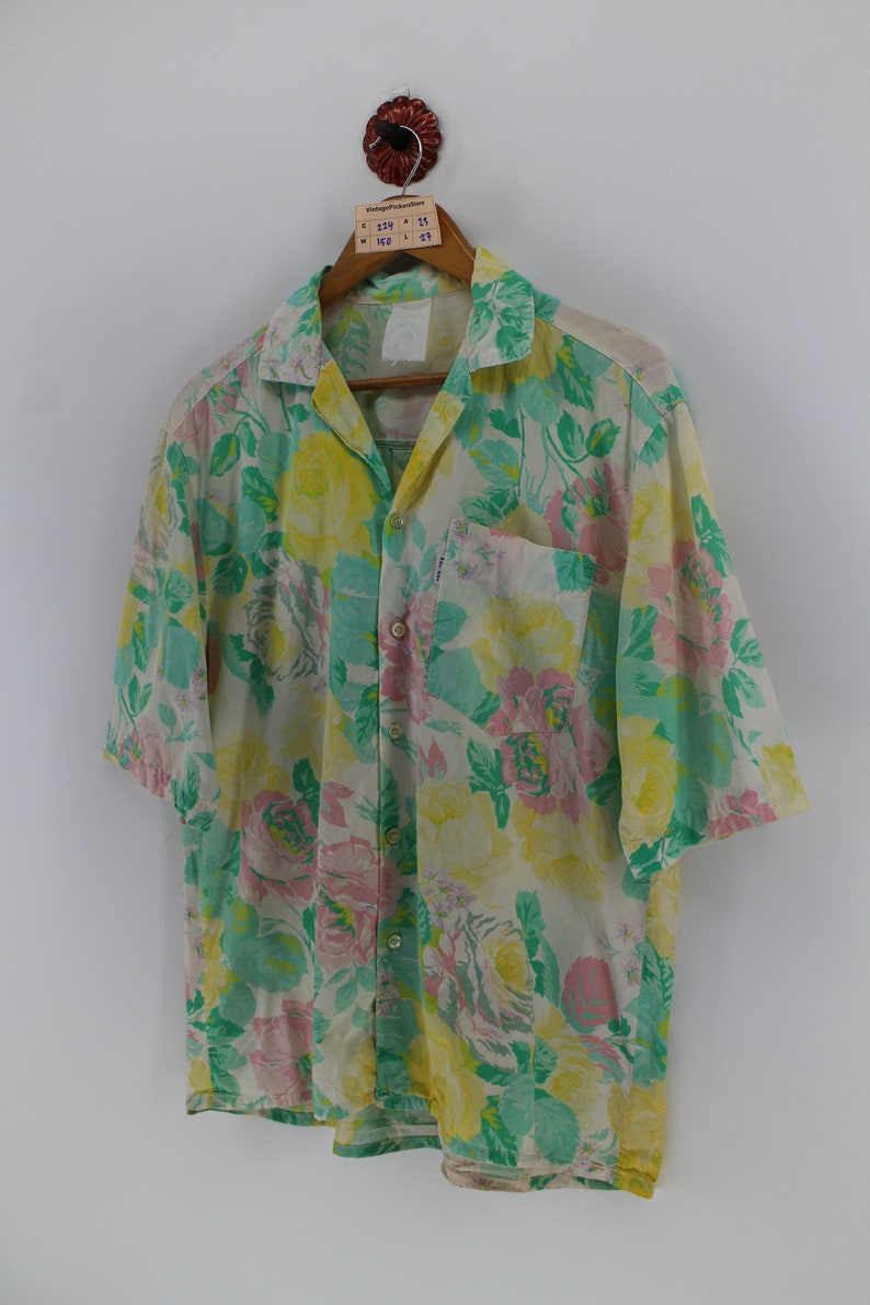 Vintage 80s HAWAIIAN Cotton Unisex Shirt Large Aloha Hawaii Surf Beach Naf Naf France Hawaii Surf Pattern Floral Shirt Buttondown Size L