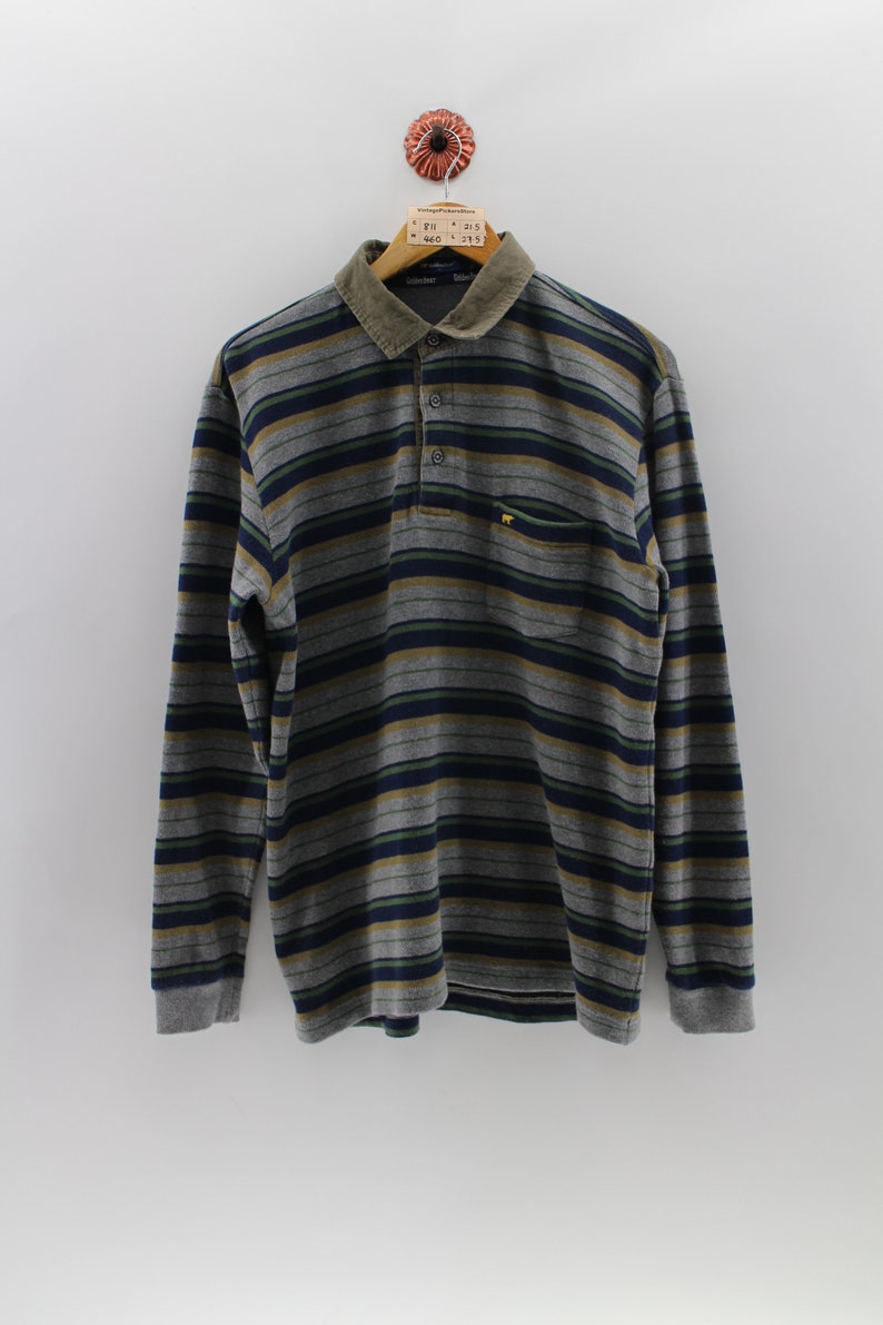 Vintage GOLDEN BEAR Polo Shirt Men Large 90/'s Golden Bear Single Pocket Long Sleeves Shirt Golden Bear Stripes Multicolor Shirt Men Size L