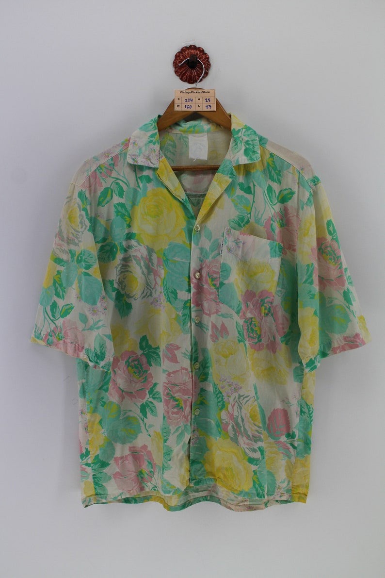 Vintage 80s HAWAIIAN Cotton Unisex Shirt Large Aloha Hawaii Surf Beach Naf Naf France Hawaii Surf Pattern Floral Shirt Buttondown Size L