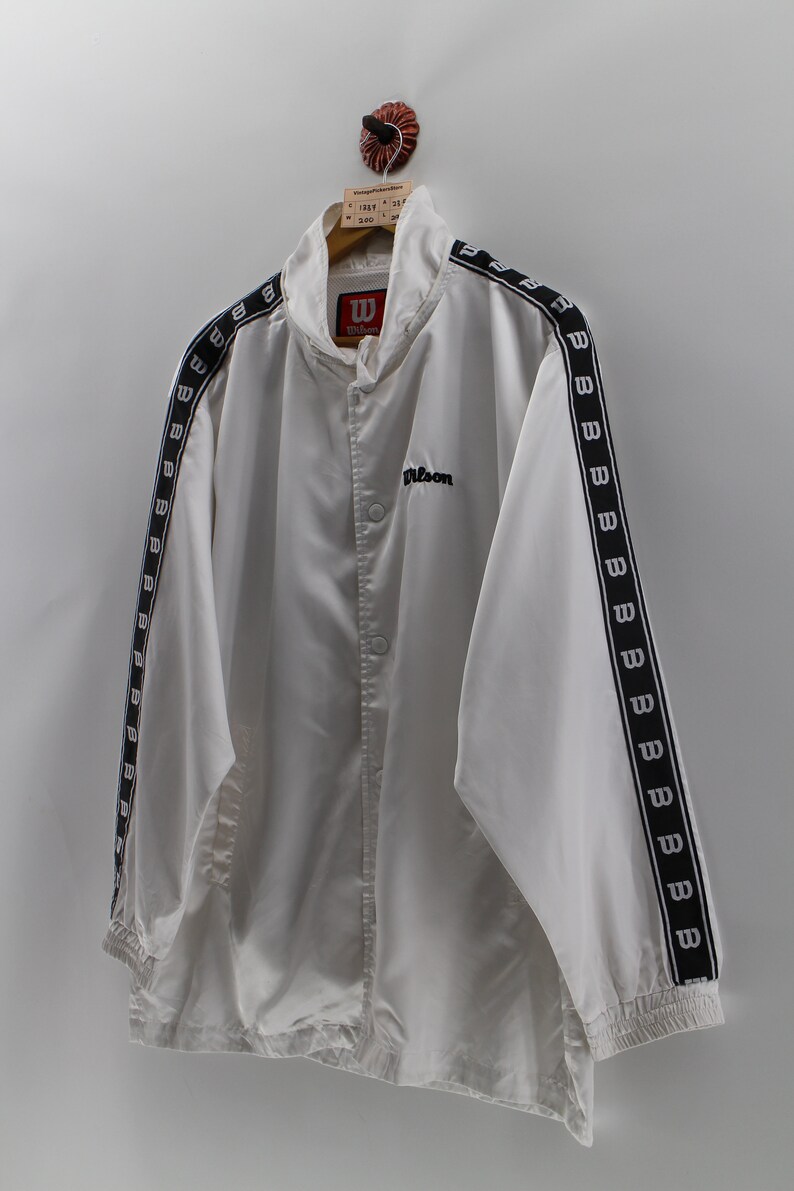 WILSON Windbreaker Jacket Medium Unisex Vintage 90/'s Wilson SpellOut SideTape Zipper Light Sweater Wilson Activewear White Jacket Size M