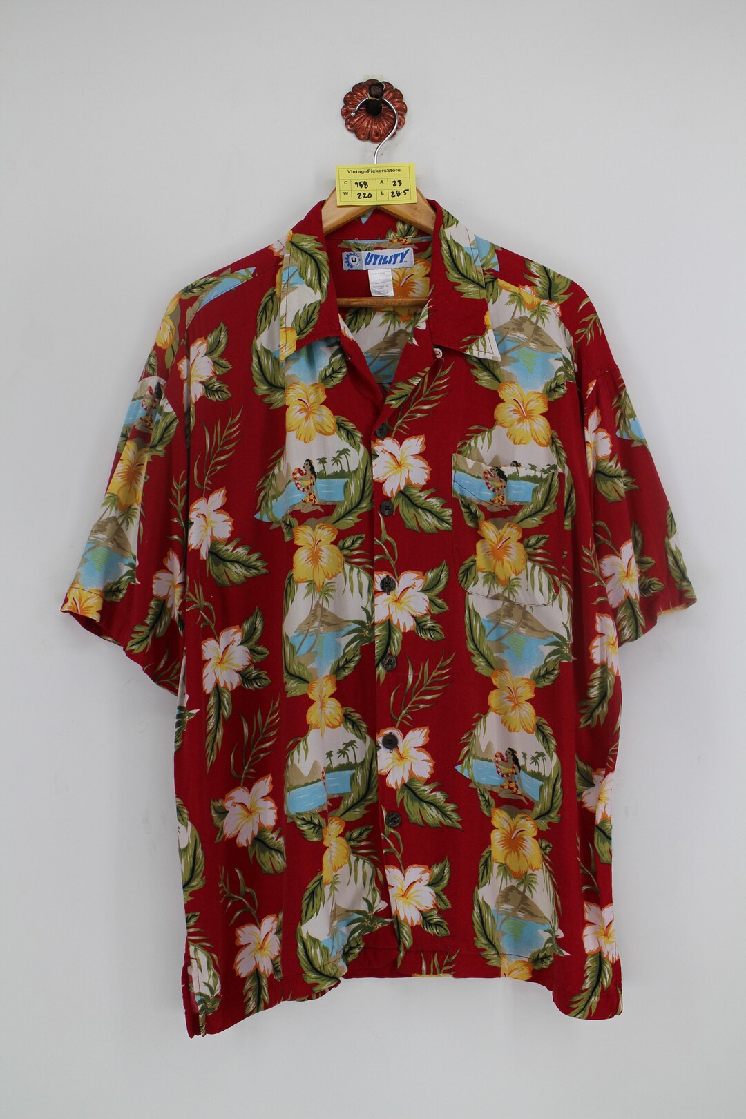 HAWAIIAN Utility Rayon Shirt Men Large Vintage 90s Hawaii Hula Etsy