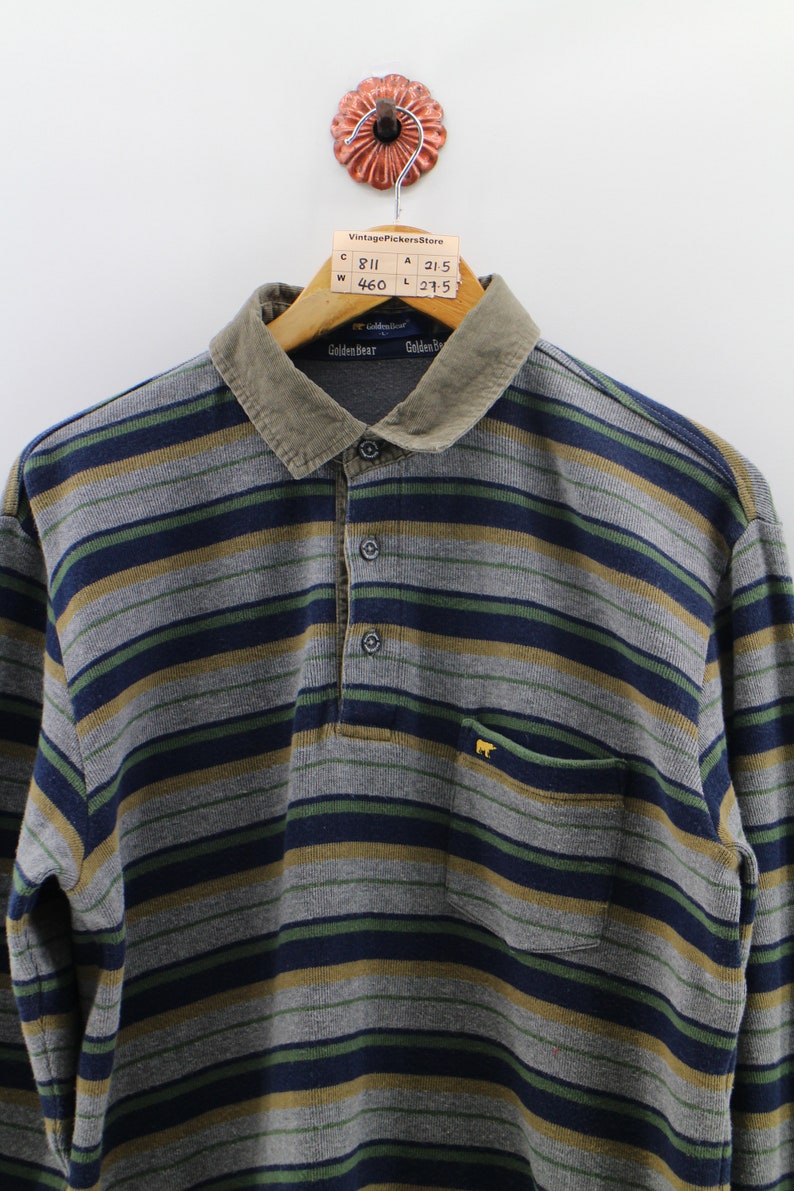 Vintage GOLDEN BEAR Polo Shirt Men Large 90/'s Golden Bear Single Pocket Long Sleeves Shirt Golden Bear Stripes Multicolor Shirt Men Size L