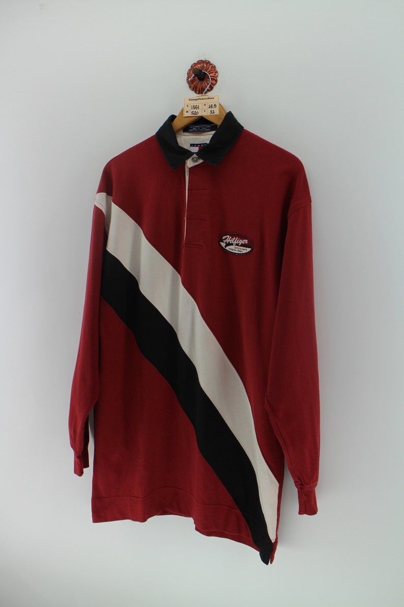 Vintage 90/'s Tommy Hilfiger Half Button Polos Shirt Embroidery Large SpellOut Logo pullover Streetwear Multicolour Mens Size L