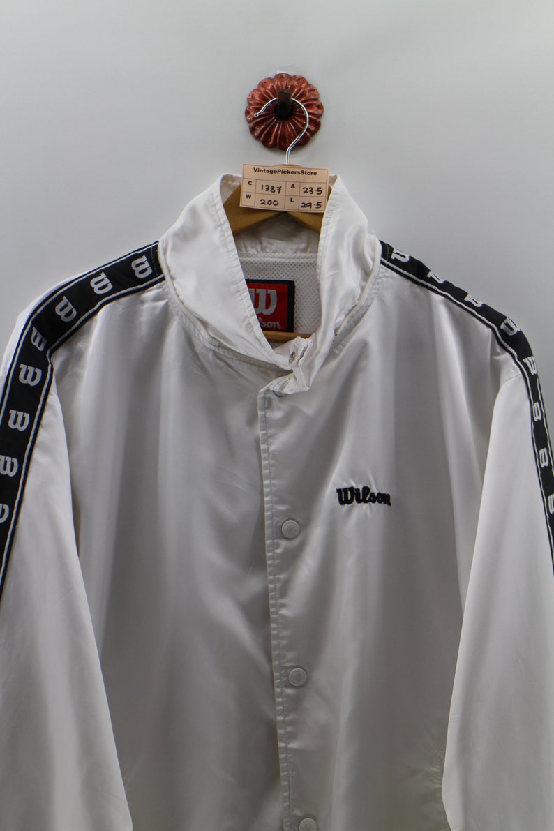 WILSON Windbreaker Jacket Medium Unisex Vintage 90/'s Wilson SpellOut SideTape Zipper Light Sweater Wilson Activewear White Jacket Size M