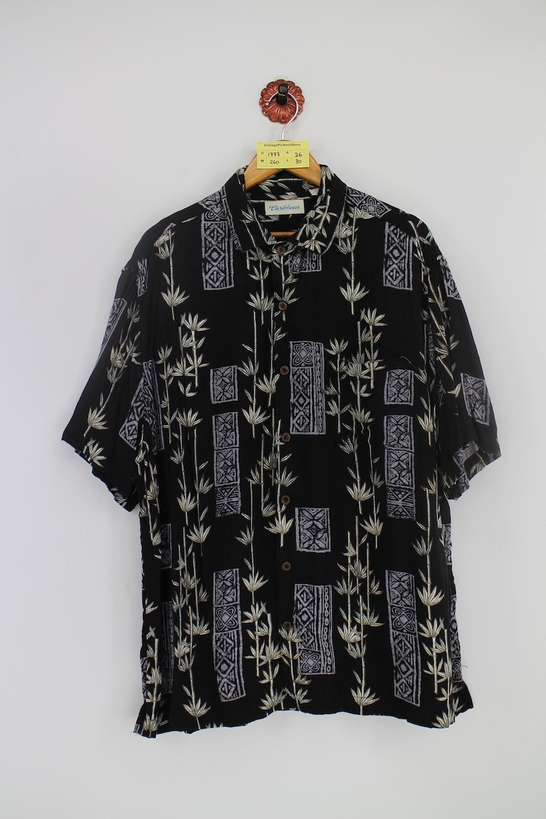 Vintage 90s CARIBBEAN Hawaiian Rayon Shirt Men XLarge Hawaii Floral Tropical Bamboo Tree Flower Abstract Aloha Beach Wear Button Up Size XL