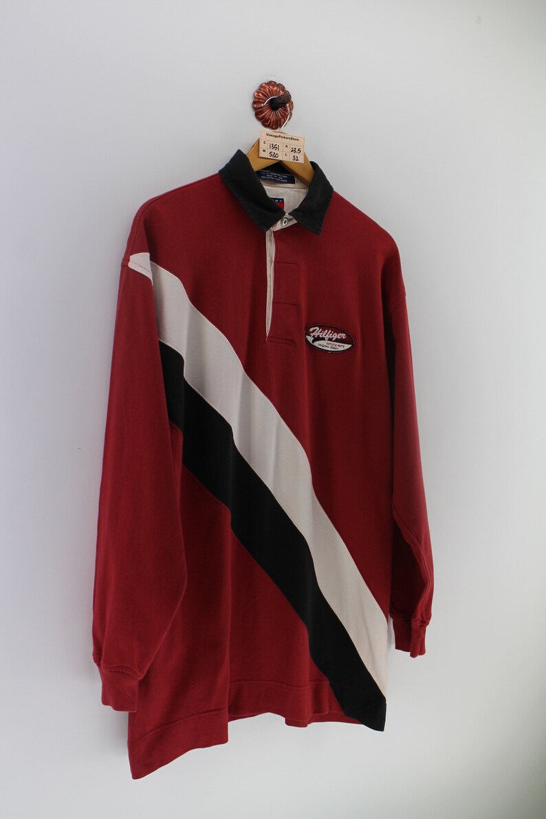 Vintage 90/'s Tommy Hilfiger Half Button Polos Shirt Embroidery Large SpellOut Logo pullover Streetwear Multicolour Mens Size L