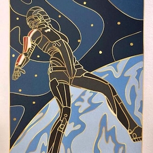 May include: A stylized illustration of a robot in a black and silver suit standing on a blue and gold planet against a dark blue background with gold stars.